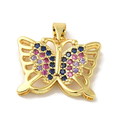 Brass Micro Pave Colorful Cubic Zirconia Pendants, Cadmium Free & Nickel Free & Lead Free, Butterfly Charms