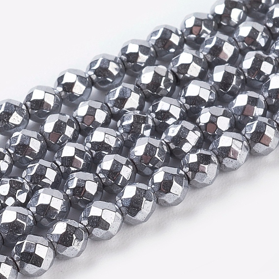 Non-Magnetic Synthetic Hematite Beads Strands, Faceted, Round, Silver Color