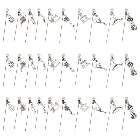 50 шт. 10 стиль шитья, булавки с железной головкой, Прямая швейная булавка для швейных поделок своими руками, с подвесками из акрилового жемчуга и сплава, моток пряжи/ножницы/булавка