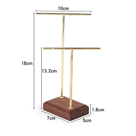 2 Golden Tone T-Bar Metal Dangle Earring Jewelry Display Rack with Wooden Base