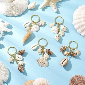 Ocean Style Natural Shell with Synthetic Turquoise Keychains, with Iron Split Key Rings