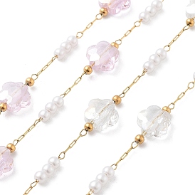 304 Stainless Steel Handmade Beaded Chain, with Glass, ABS Imitation Pearl, with Spool, Soldered, Real 18K Gold Plated, Flower
