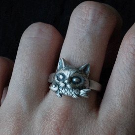 Alloy Cuff Open Rings for Couple, Cat Shape with Fish