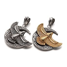 Aigle / charme faucon & lune 304 en acier inoxydable gros pendentifs, 52x53x11mm, Trou: 8x13mm