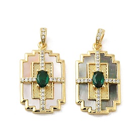 Brass Micro Pave Cubic Zirconia Pendants, with Shell, Long Lasting Plated. Cadmium Free & Lead Free, Rectangle with Cross