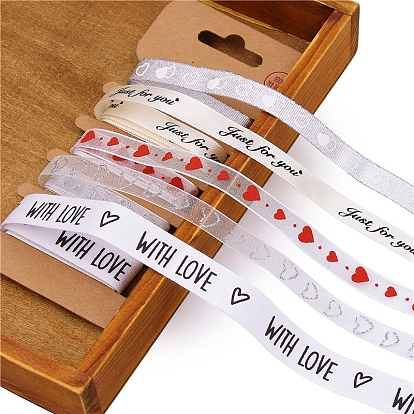 5M 5 Styles Printed Polyester Ribbon, Heart & Word Pattern, for Weddign Party Gift Package