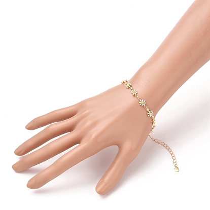 Brass Enamel Daisy Link Bracelets, with 304 Stainless Steel Lobster Claw Clasps & Heart Charms