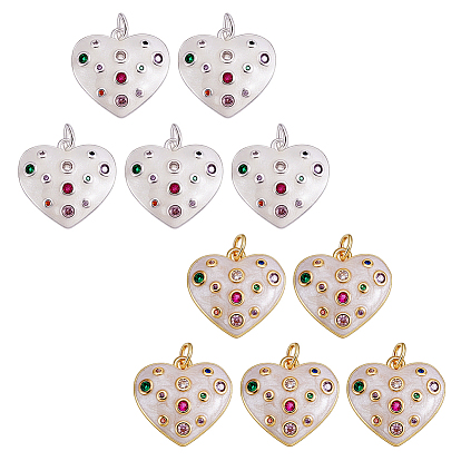 10Pcs 2 Colors Eco-Friendly Brass Micro Pave Cubic Zirconia Pendants, Heart, with Enamel, Long-Lasting Plated