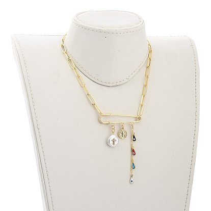 Evil Eye Brass Enamel Pendant Necklaces, with Cubic Zirconia, Natural Pearl, 304 Stainless Steel Toggle Clasps and Cardboard Boxes, Flat Round with Saint Benedict Medal