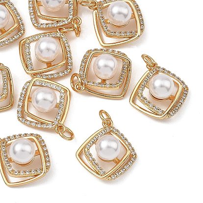 SHEGRACE Brass Pave Clear Cubic Zirconia Pendants, with ABS Imitation Pearl, Rhombus Charms, Cadmium Free & Nickel Free & Lead Free, Long-Lasting Plated