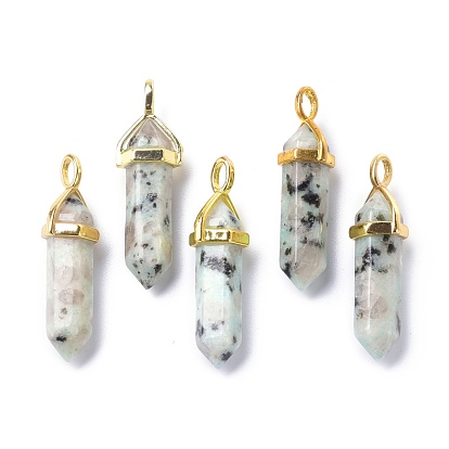 Natural & Synthetic Mixed Gemstone Pointed Pendants, with Random Brass Pendant Hexagon Bead Cap Bails, Golden, Bullet