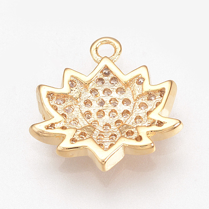 Brass Micro Pave Cubic Zirconia Charms, Lotus, Nickel Free, Real 18K Gold Plated