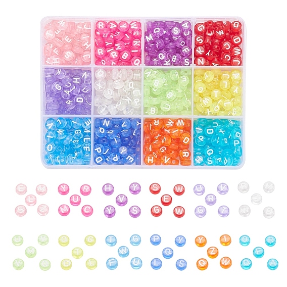 600Pcs 12 Colors Transparent Acrylic Beads, Horizontal Hole, Mixed Letters, Flat Round