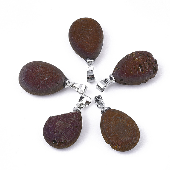 Electroplate Natural Druzy Geode Agate Pendants, with Brass Findings, Drop, Platinum