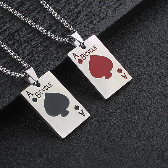 304 Stainless Steel Enamel Bicycle Ace of Spades Playing Card Pendant Necklaces for Men, Stainless Steel Color
