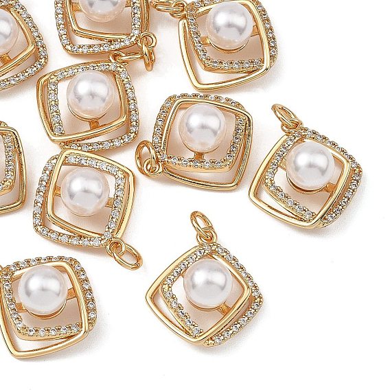SHEGRACE Brass Pave Clear Cubic Zirconia Pendants, with ABS Imitation Pearl, Rhombus Charms, Cadmium Free & Nickel Free & Lead Free, Long-Lasting Plated