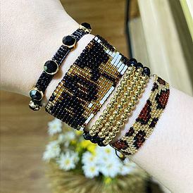 Stylish Hip Hop Miyuki Bracelet with Leopard Print and Rhinestones - Handmade Beaded Design