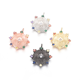 Brass Micro Pave Cubic Zirconia Pendants, Flat Round with Star, Colorful