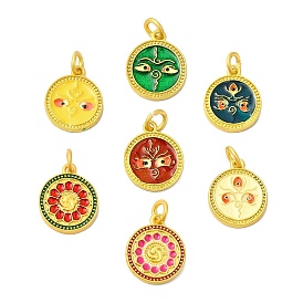 Rack Plating Alloy Enamel Pendants with Jump Ring, Double Side Pattern Flat Round Charms, Matte Gold Color