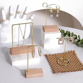 Metal Bar Earring Display Stands, Jewelry Display Holder with Wood Base, for Earrings, Bracelets Necklaces, Photo Props, Golden