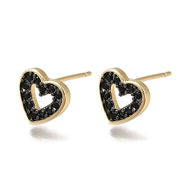 Rack Plating Brass Micro Pave Cubic Zirconia Stud Earring, Long-Lasting Plated, Cadmium Free & Lead Free, Heart with Hollow Heart, Black