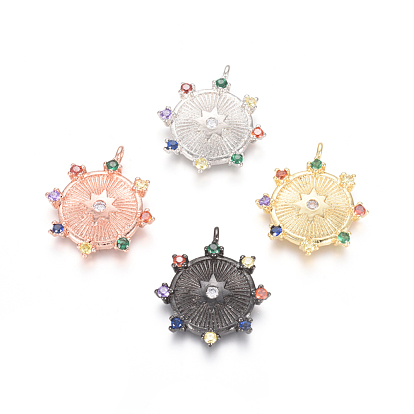 Brass Micro Pave Cubic Zirconia Pendants, Flat Round with Star, Colorful