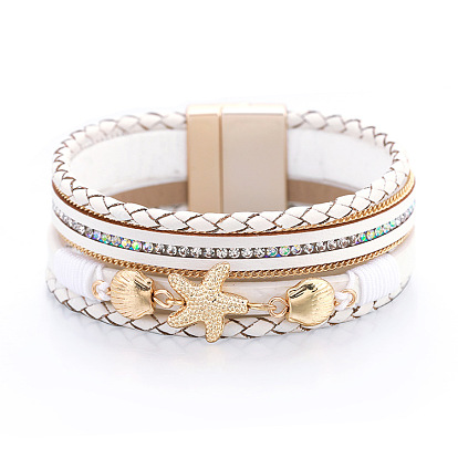 Ethnic Style Bracelet with Colorful Diamond Inlaid - Fashionable Leather Buckle Bracelet.