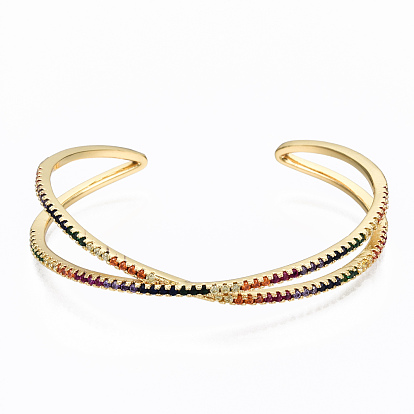 Brass Micro Pave Cubic Zirconia Cuff Bangles, Nickel Free, Criss Cross, Colorful