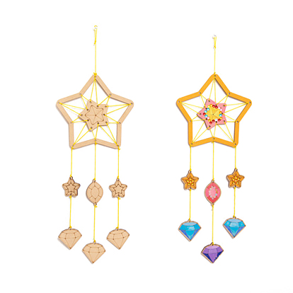 DIY Star Wind Chime Making Kits, Including 1Pc Wood Plates, 1 Card Cotton Thread and 1Pc Plastic Knitting Needles, for Children Painting Craft