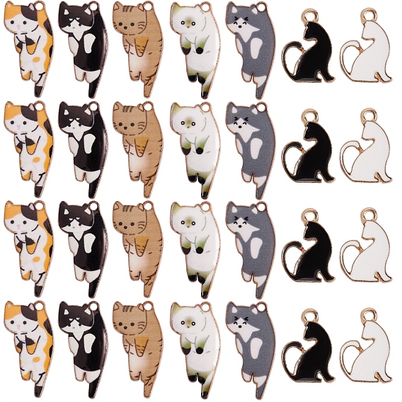 28Pcs 7 Style Alloy Enamel Pendants, Cat, Golden