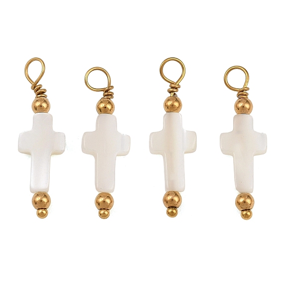 Natural Freshwater Shell Pendants, Cross Charm, with 304 Stainless Steel Findings, Ion Plating(IP), Long-Lasting Plated