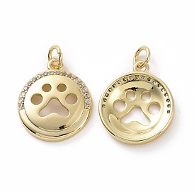 Brass Micro Pave Cubic Zirconia Pendants, Real 18K Gold Plated, with Jump Ring, Flat Round with Paw Print Charms