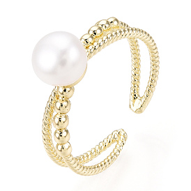 Natural Pearl Double Lines Brass Open Cuff Finger Rings