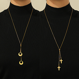 Moon/Cross Stainless Steel Pendant Necklace, Slider Snake Chain Necklace for Women, Sweater Necklace, Real 18K Gold Plated