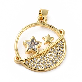 Rack Plating Brass Micro Pave Cubic Zirconia Pendants, Real 18K Gold Plated, Long-Lasting Plated, Lead Free & Cadmium Free, Planet with Star