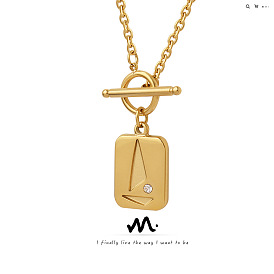 OT Buckle Square Card Pendant Triangular Zircon Inlaid Geometric Necklace Titanium Steel Plated 18K Gold Clavicle Chain