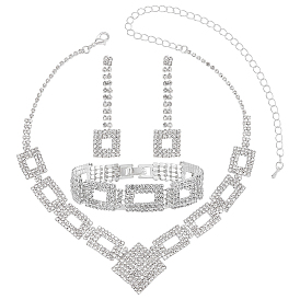1 Bag Rhombus & Square Crystal Rhinestone Stud Earrings & Chain Necklaces & Bracelets, Alloy Jewelry Set for Women