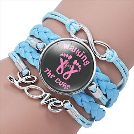 Imitation Leather Multi-strand Bracelets for Women, October Breast Cancer Pink Awareness Ribbon Alloy Glass Bracelet