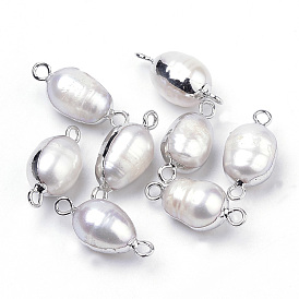 Plated Natural Baroque Pearl Keshi Pearl Links/Connectors, with Iron Findings, Oval