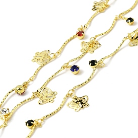 Handmade Eco-friendly Brass Curved Bar Link Chain, with Butterfly and Glass Charms, Long-Lasting Plated, Golden, Soldered, with Spool