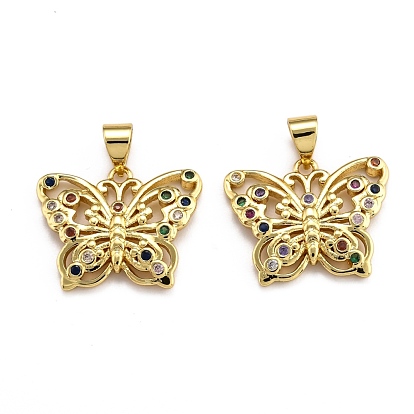 Brass Micro Pave Clear Cubic Zirconia Pendants, Long-Lasting Plated, Butterfly
