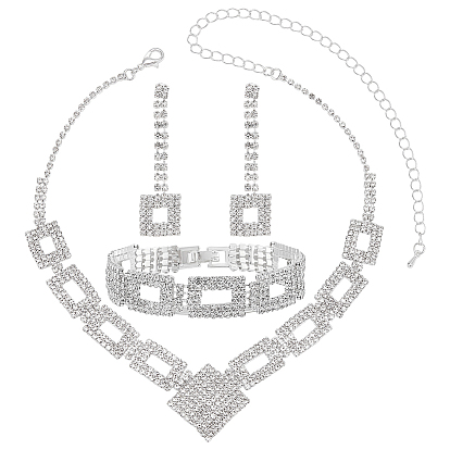 1 Bag Rhombus & Square Crystal Rhinestone Stud Earrings & Chain Necklaces & Bracelets, Alloy Jewelry Set for Women