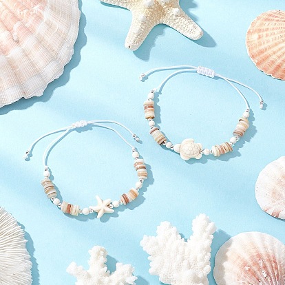 2шт. регулируемые плетеные браслеты из синтетических бусин бирюзового цвета для женщин, бирюза и морская звезда, с натуральными пресноводными ракушками