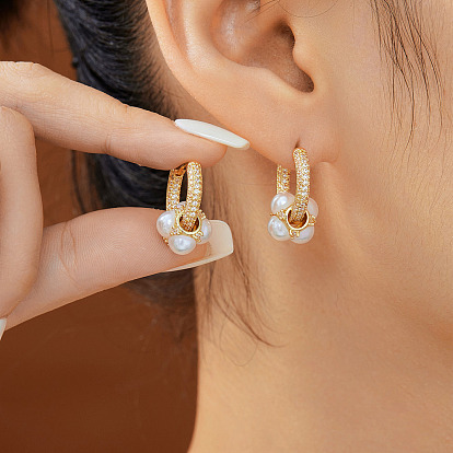 Квадратные серьги-кольца с имитацией жемчуга из латуни, с кубического циркония