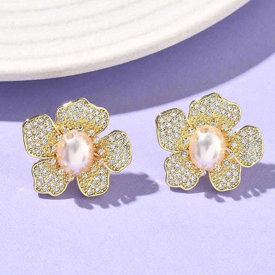 Серьги-гвоздики из латуни с микро-паве и прозрачным фианитом, с ABS имитации жемчуга, долговечный, без кадмия и без свинца