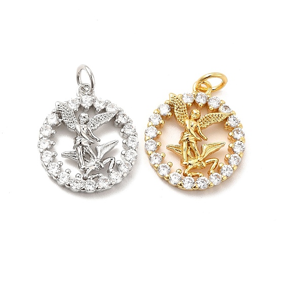 Rack Plating Brass Micro Pave Cubic Zirconia Pendants, Flat Round with Fairy Charm, Long-Lasting Plated, with Jump Rings, Cadmium Free & Lead Free