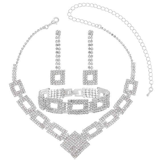 1 Bag Rhombus & Square Crystal Rhinestone Stud Earrings & Chain Necklaces & Bracelets, Alloy Jewelry Set for Women
