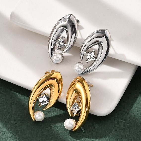 304 серьги-гвоздики из нержавеющей стали с жемчугом, со стразами, овальные