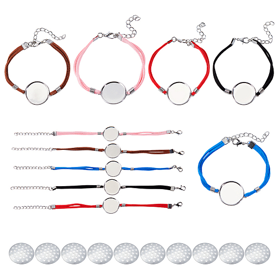 10Pcs 5 Colors Faux Suede Cord Bracelet Making, with 10Pcs Iron Brooch Sieve Findings, Flat Round, Platinum