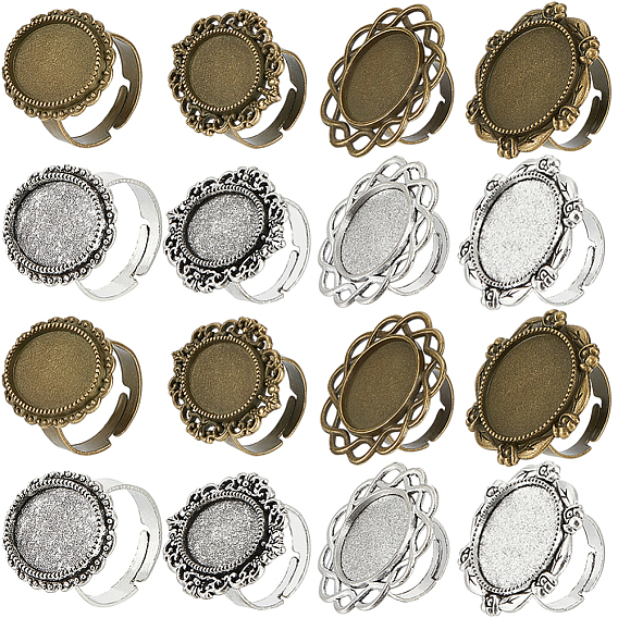 16шт 8 стиль регулируемые сплавные кольца для пальцев компоненты, настройки кольца чашки безеля, овальный и цветок